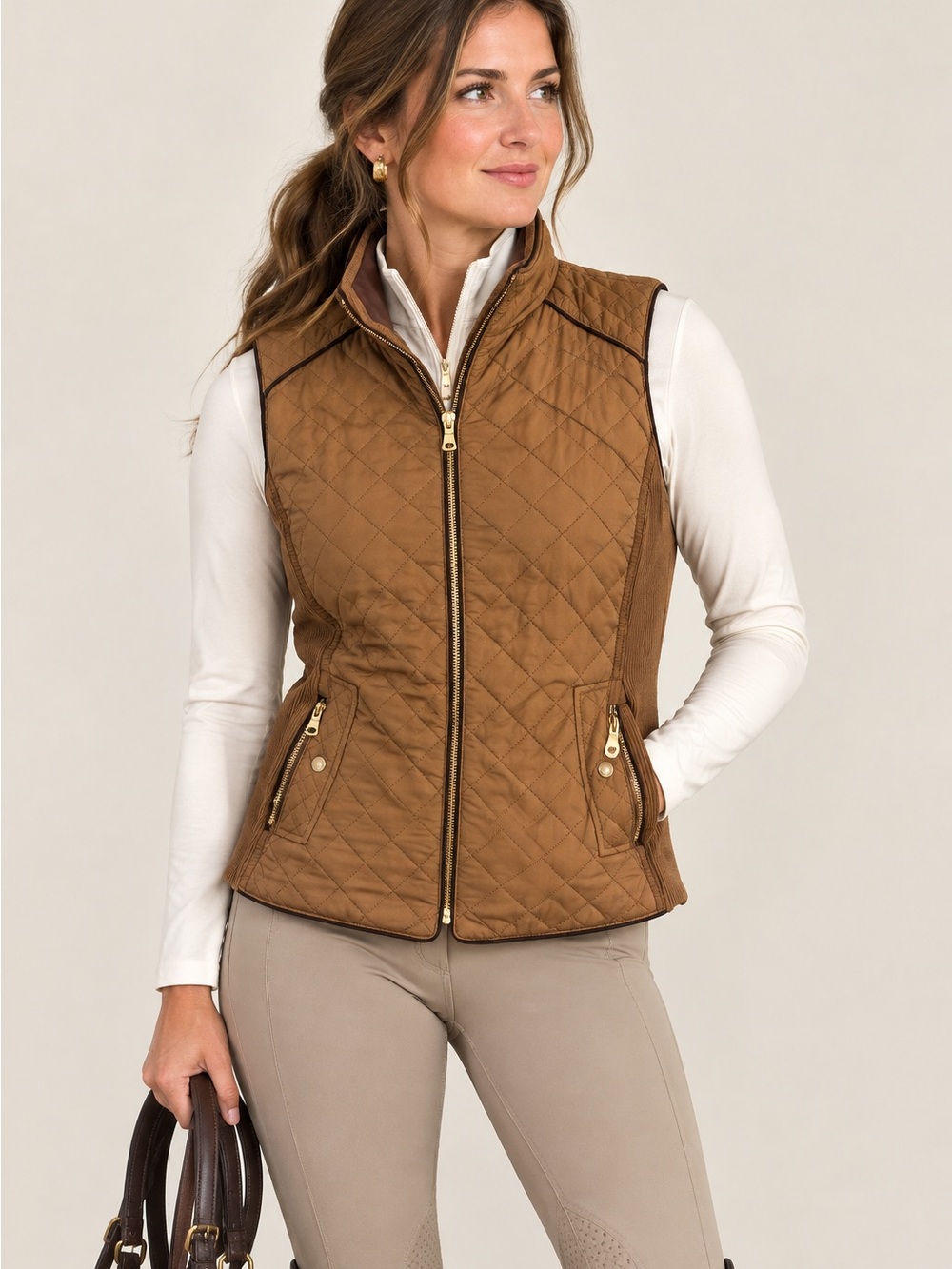 Love Tree Camel Brown Diamond Quilted Vest Gold Zip NWOT Size L